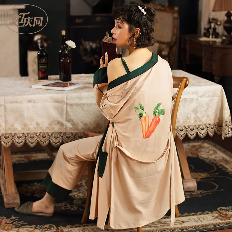 

Female Sexy Spring Cotton Pajamas Long Sleeve Spaghetti Strap Kimono 3-piece Suit Loungewear Women Carrot Printing Pijama Mujer