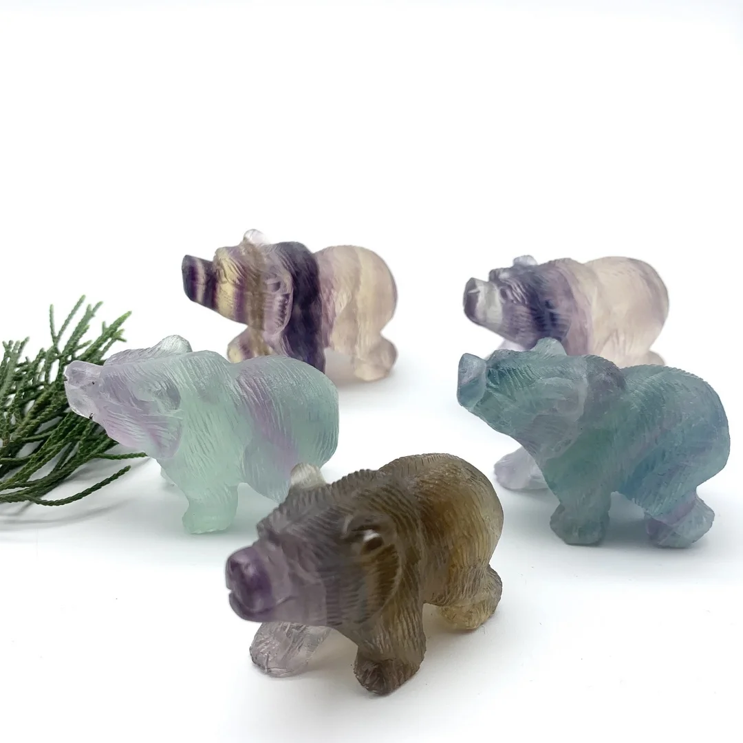 

1pc Natural Fluorite Bear Animals Crystal Stone Carved Figurine Stone Meditation Room Decoration Healing Crystals