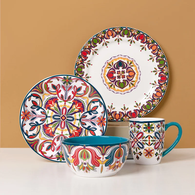 

Ceramic Retro Dinnerware Bohemia Dinner Set 11inch Large Dessert Steak Plate 380ml Milk Coffee Mug 6inch Salad Bowl