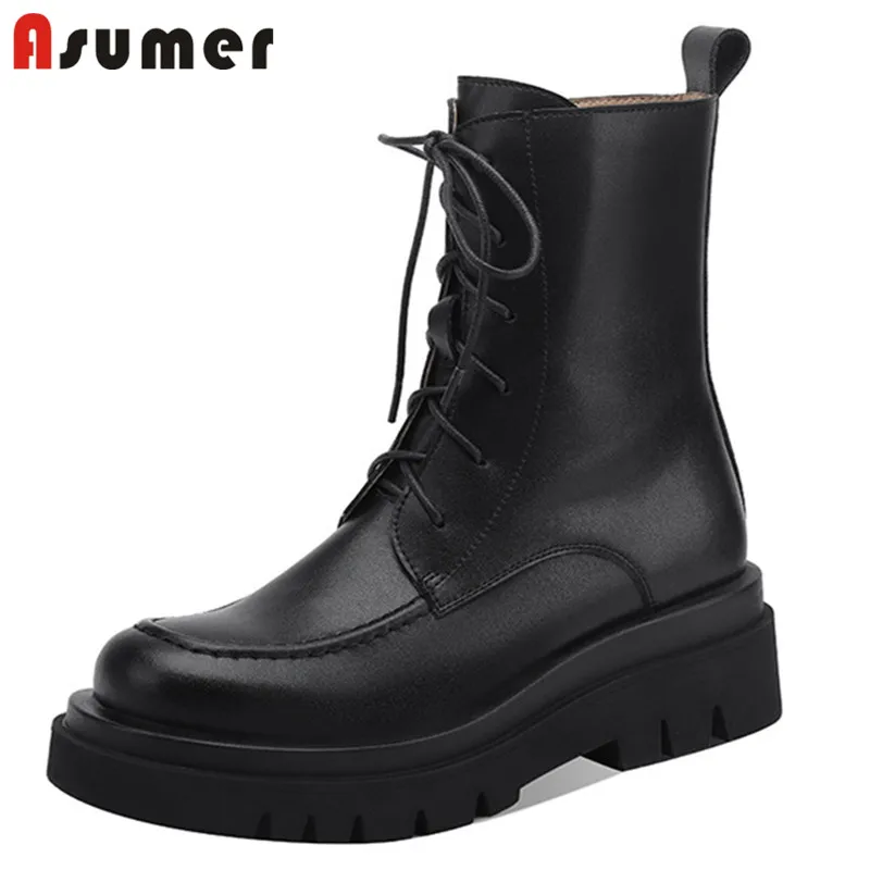 

Asumer 2022 Hot Sale Genuine Leather Shoes Women Ankle Boots Cross Tied Thick Bottom Zip Autumn Winter Short Boots Women