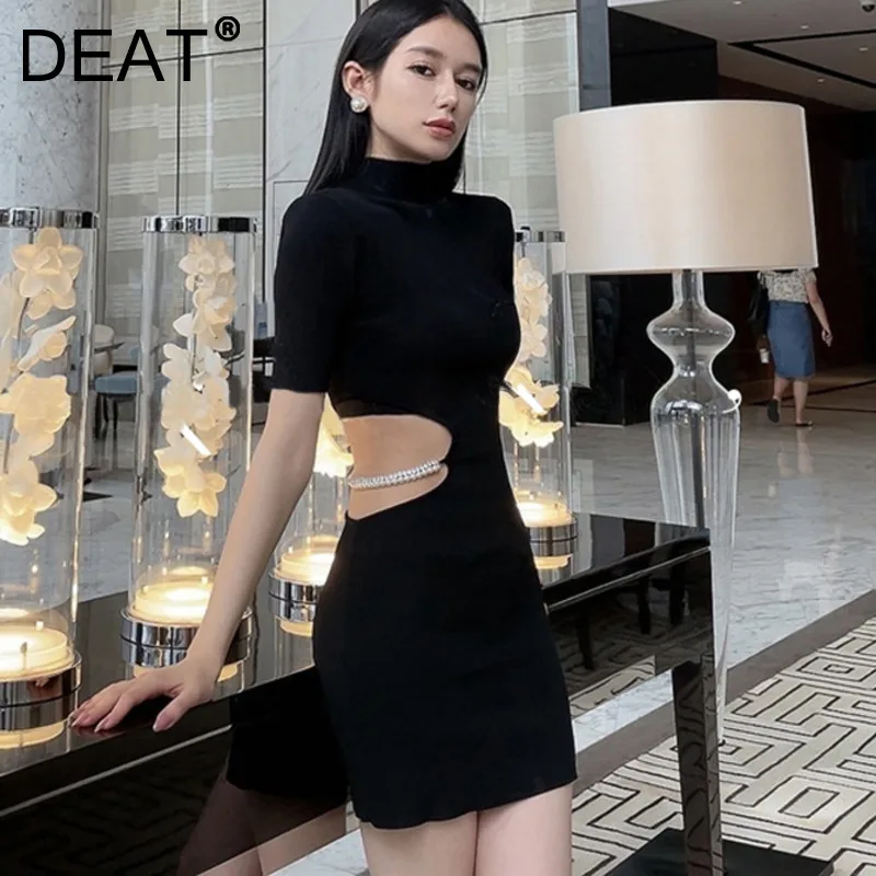 

Женское платье с коротким рукавом DEAT, ажурное платье-пуловер с высокой талией и воротником-стойкой, осень 2021