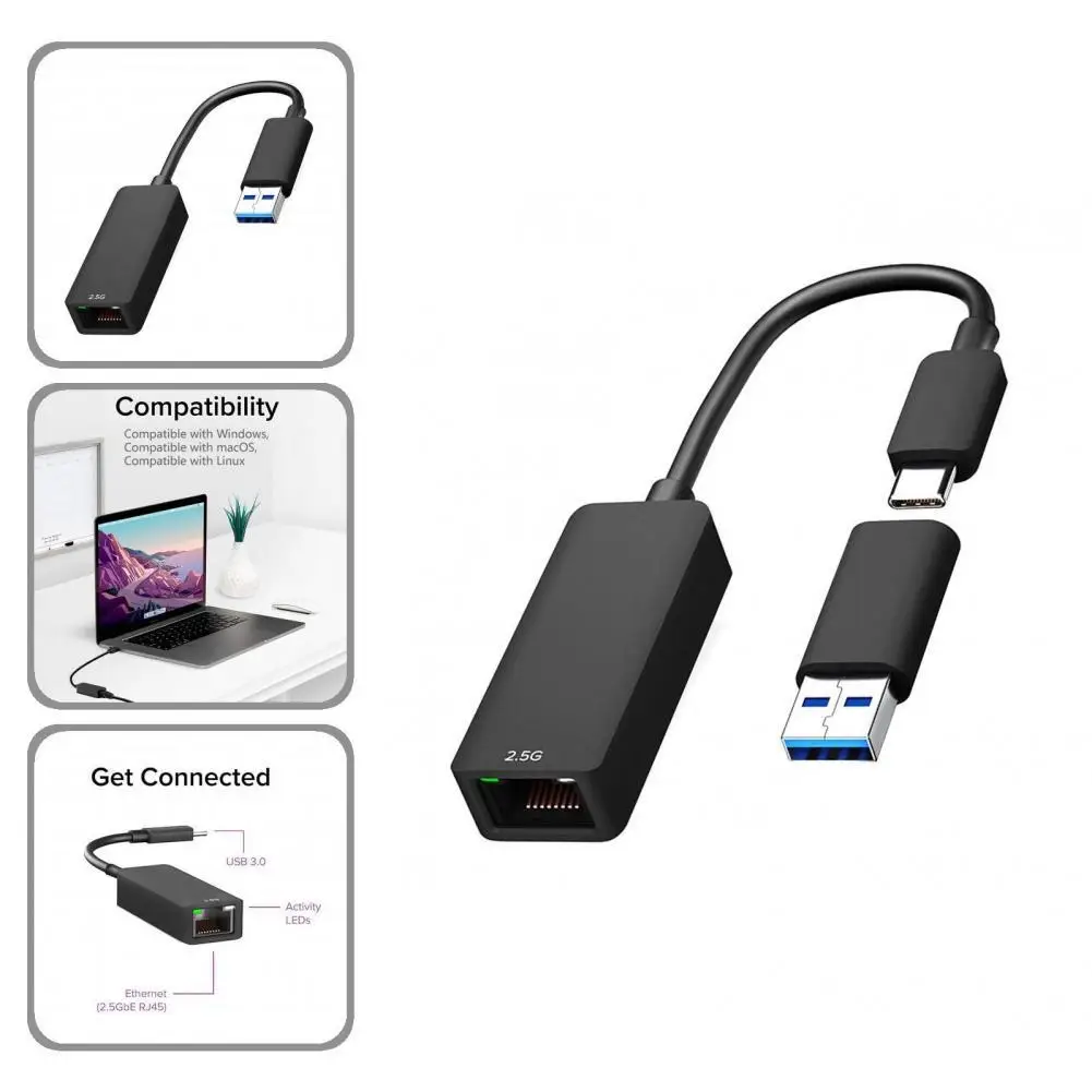 

Lightweight Useful USB/Type-C 3.1 to RJ-45 2.5Gbps Ethernet Adapter Durable Ethernet Adapter Anti-winding