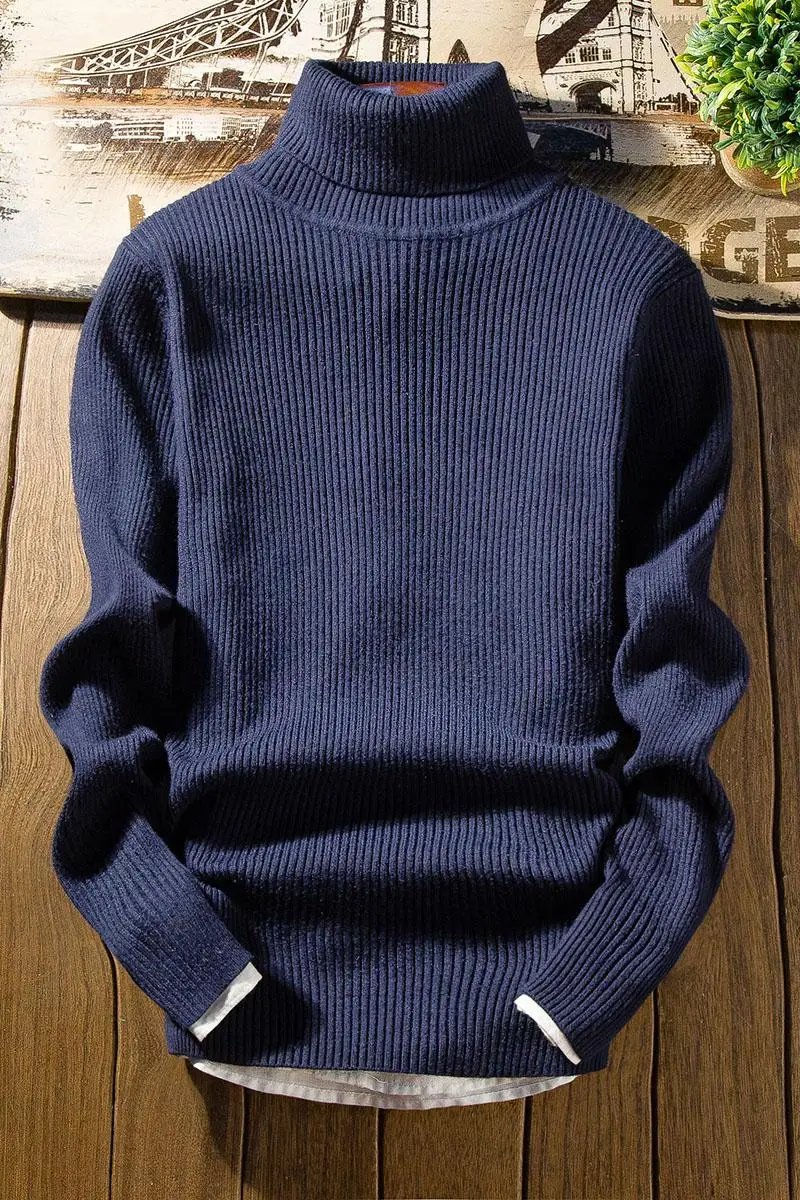 Мужской плотный пуловер с высоким воротником теплый трикотажный свитер