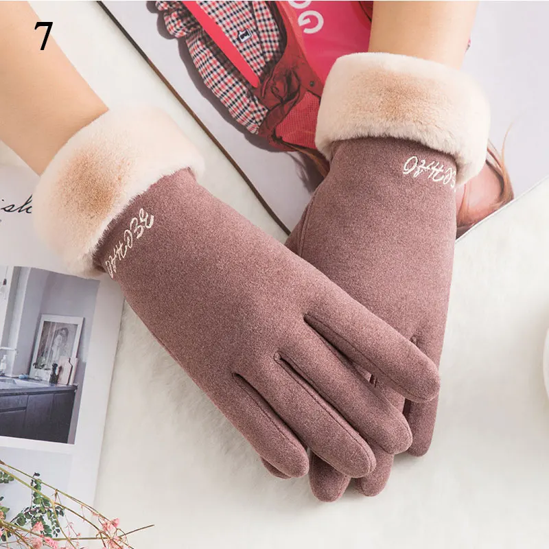 

Faux Fur Wrist Mouth Gloves Full Finger Gloves Touch Screen Gloves Double Layer Plus Velvet Thickening Solid Color Driving Glove