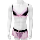 Комплект нижнего белья для мужчин, кружевное нижнее белье с оборками, трусики-стринги, мини кружевное платье, пижамный комплект, одежда для сна на бретелях-спагетти