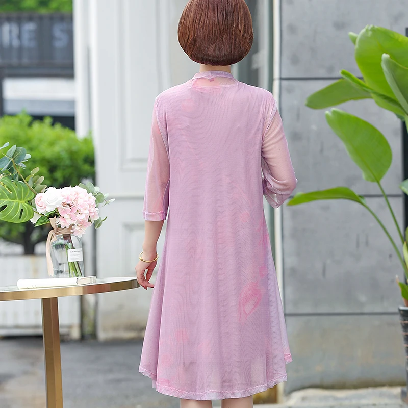 

new summer Women middle-aged chiffon long 3XL casual beach mother two-piece print flower loose dress plus size