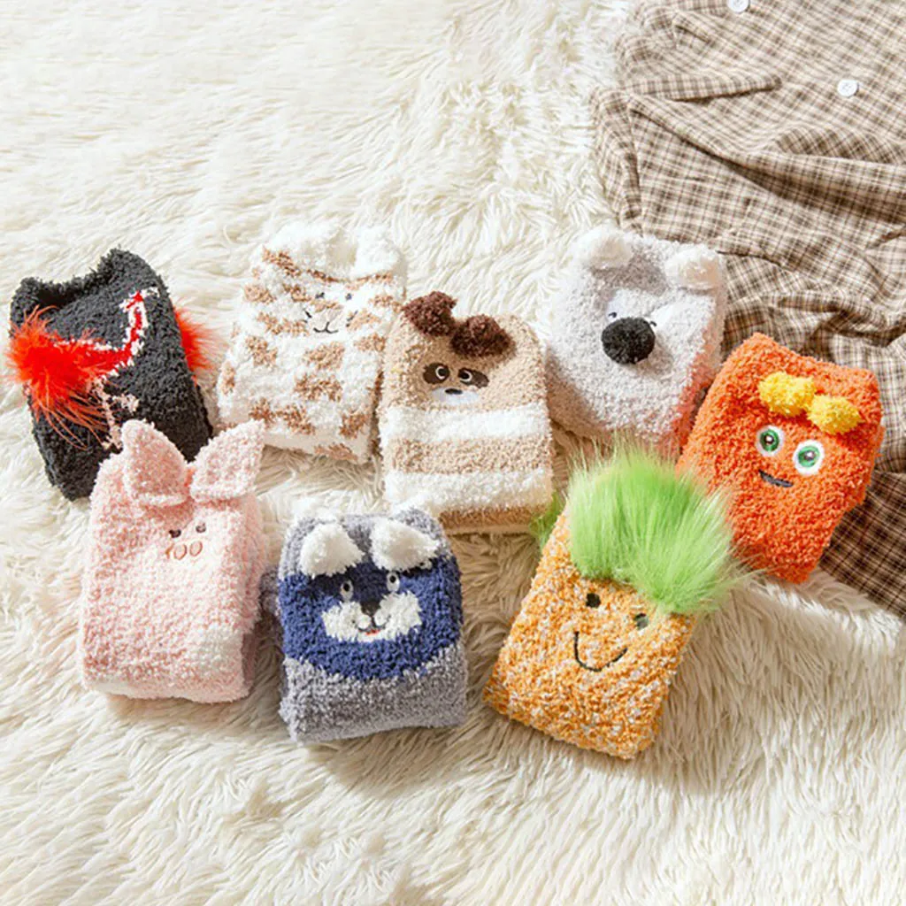 

Sagace Women Winter Socks Causal Animal Embroidery Print Thickening Fuzzy Coral Household Stockings Floor Sleeping Socks