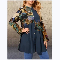 autumn and winter 2021 new stand collar single breasted national style printed long sleeve loose large womens shirt