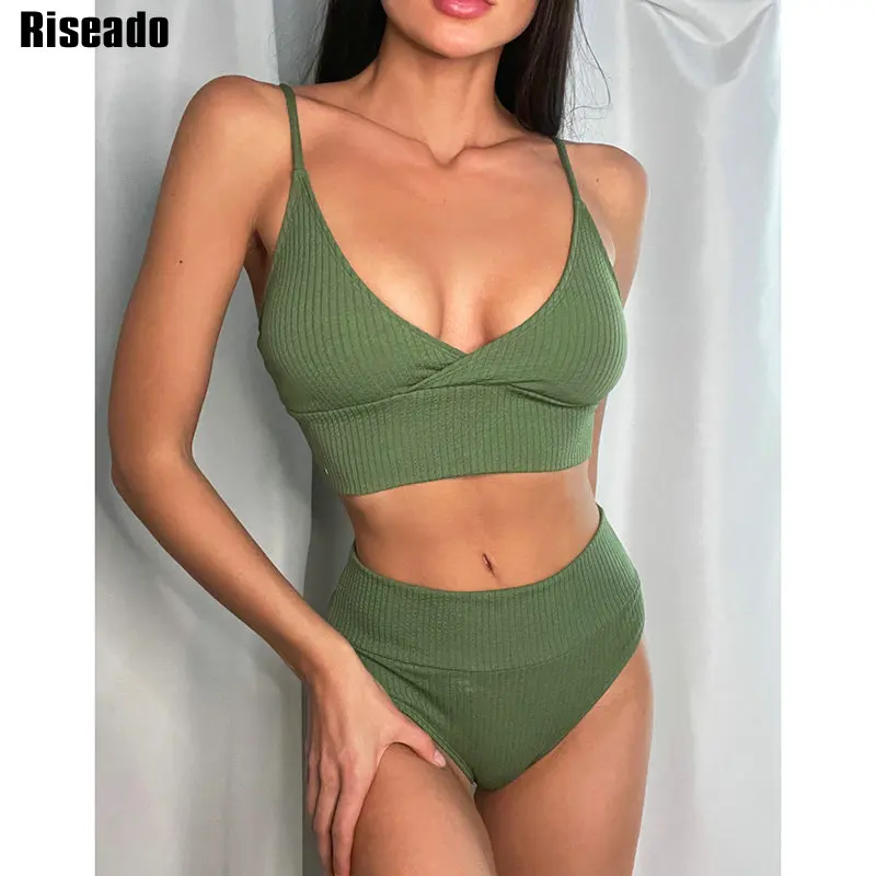 

Riseado High Waist Sexy Bikinis Push Up Women's Swimsuit Swimwear 2021 Ribbed Bathing Suit V-neck Beachwear Green Biquini Summer