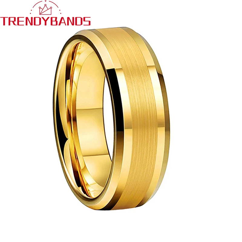 

8mm Gold Tungsten Carbide Engagement Ring For Men Women Wedding Bands Brushed Finish Comfort Fit