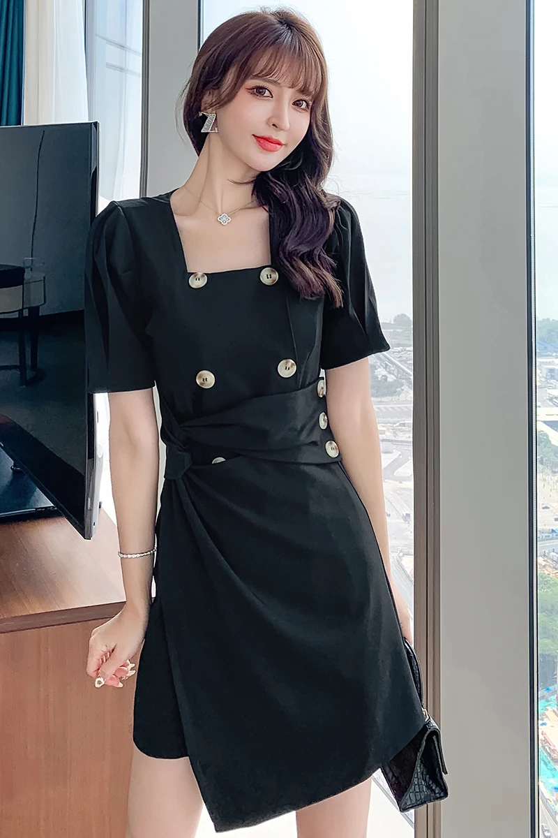 

COIGARSAM French Style Short Sleeve Women dress Dresses Black Apricot 8145