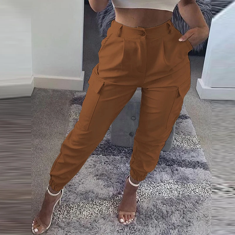 Брюки-карго Женские однотонные на пуговицах Элегантный Модный повседневный