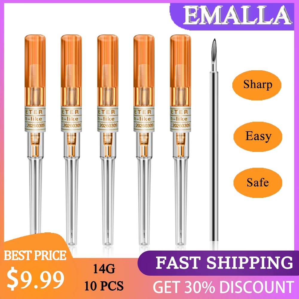 

EMALLA 10PCS 14G Disposable Gauge Piercing Needles IV Catheter for Ear Nose Navel Nipple Piercing Sterilized Tattoo Supplies