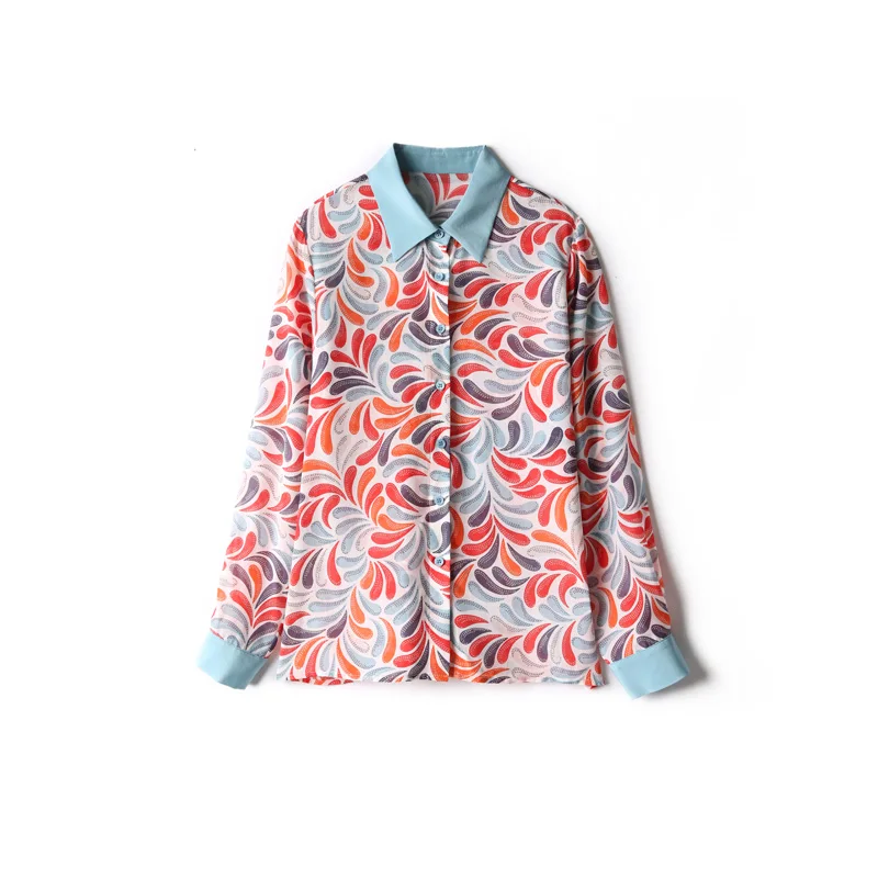 100% натуральный шелк женские Подиумные рубашки отложной воротник длинные рукава