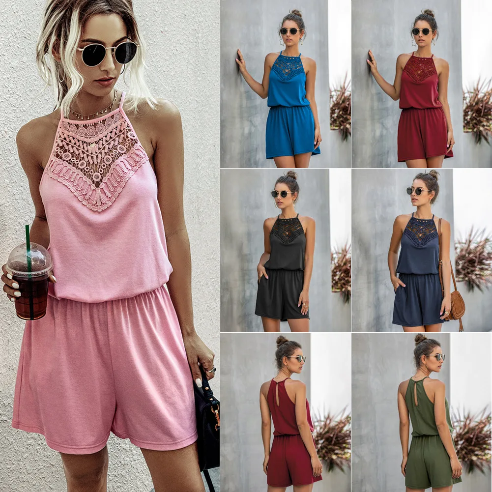 Летний элегантный женский комбинезон без рукавов с открытыми плечами и лямкой на