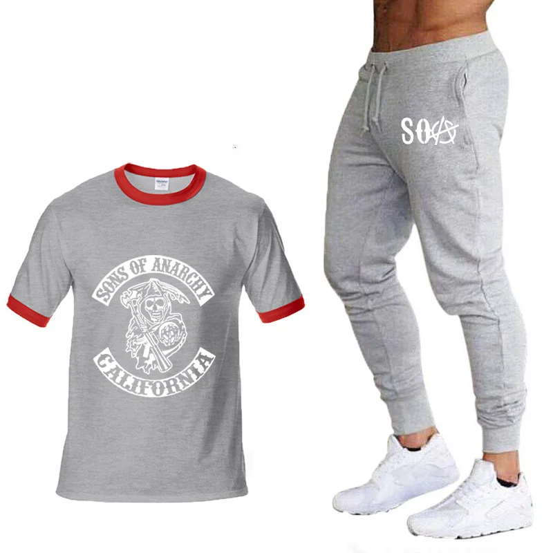 

Hot TV SOA Sons of Anarchy Cosplay Costume Mens T-shirt Skull Print high quality Cotton Short sleeve T-Shirts+pants suit