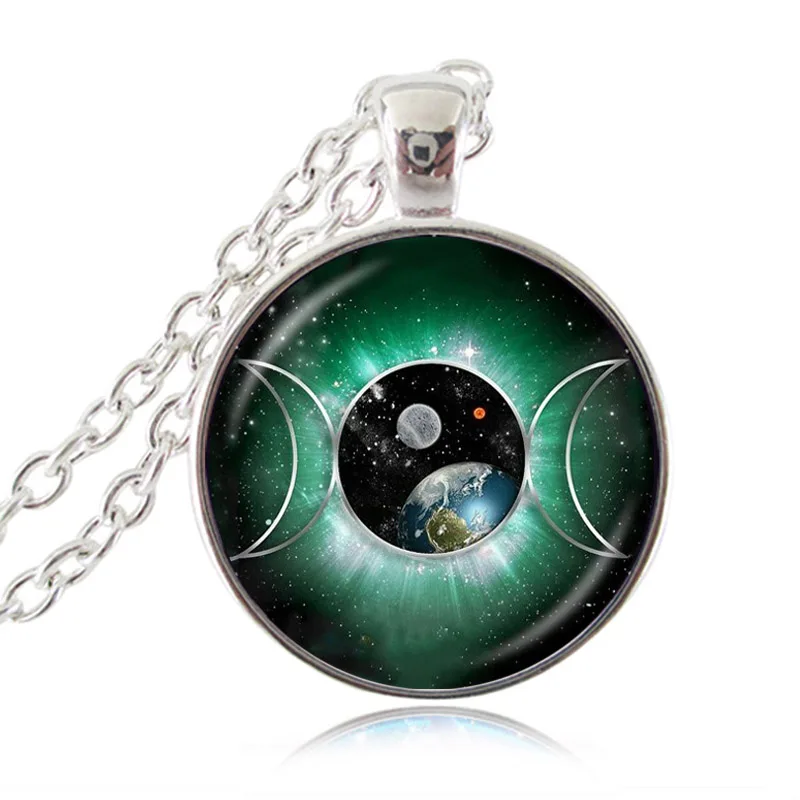 

Triple Moon Goddess Pendant Pentagram Necklace Witch Jewelry Glass Dome Necklace Round Chain Charm Jewelry Gothic