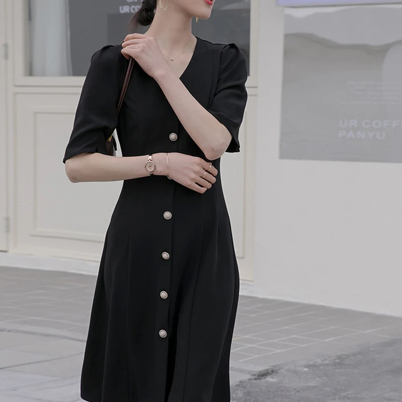 

2021 Summer Minimalism French Elegant OOTD Women Dress Commuting Daily Short Sleeve Chic Slimming Fashion Dresses