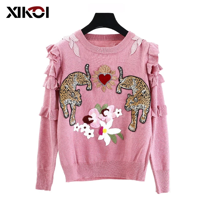 Женский свитер с вышивкой вязаные пуловеры длинным рукавом и оборками в виде