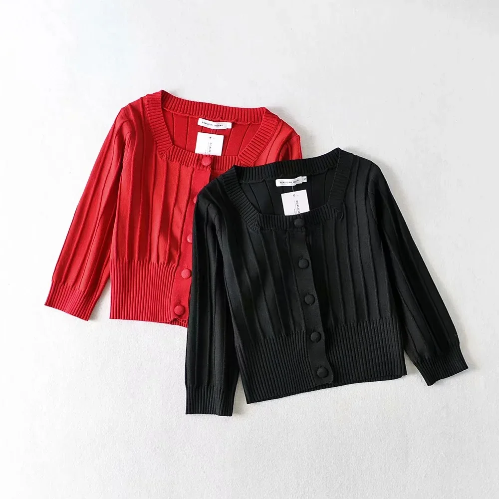 

Women square-coller Knitted long sleeve Thin Sweaters Cardigans Lady Single-breasted Buttons Sweater Crop Tops Female