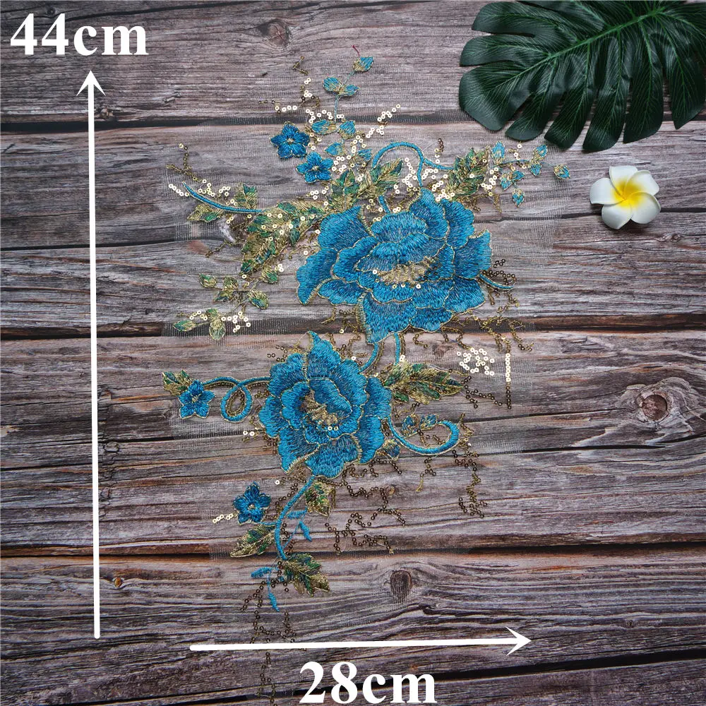 Голубой цветок пиона золотые блестки кружевная ткань вышитая искусственная