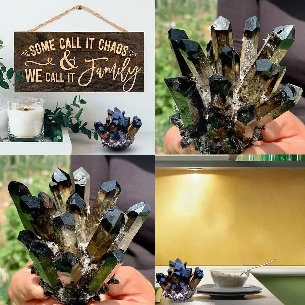

Натуральный черный фантомный кварцевый кристаллический кластер, минеральные украшения для офиса, домашнее украшение, лечебный Образец Эне...