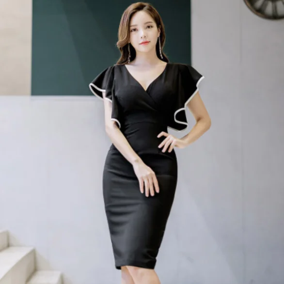 2019 Summer Office Lady Dress Black Small Sexy V-Neck Sleeveless Ruffles Decoration High Waist Elegant Party Women AQ58 | Женская одежда