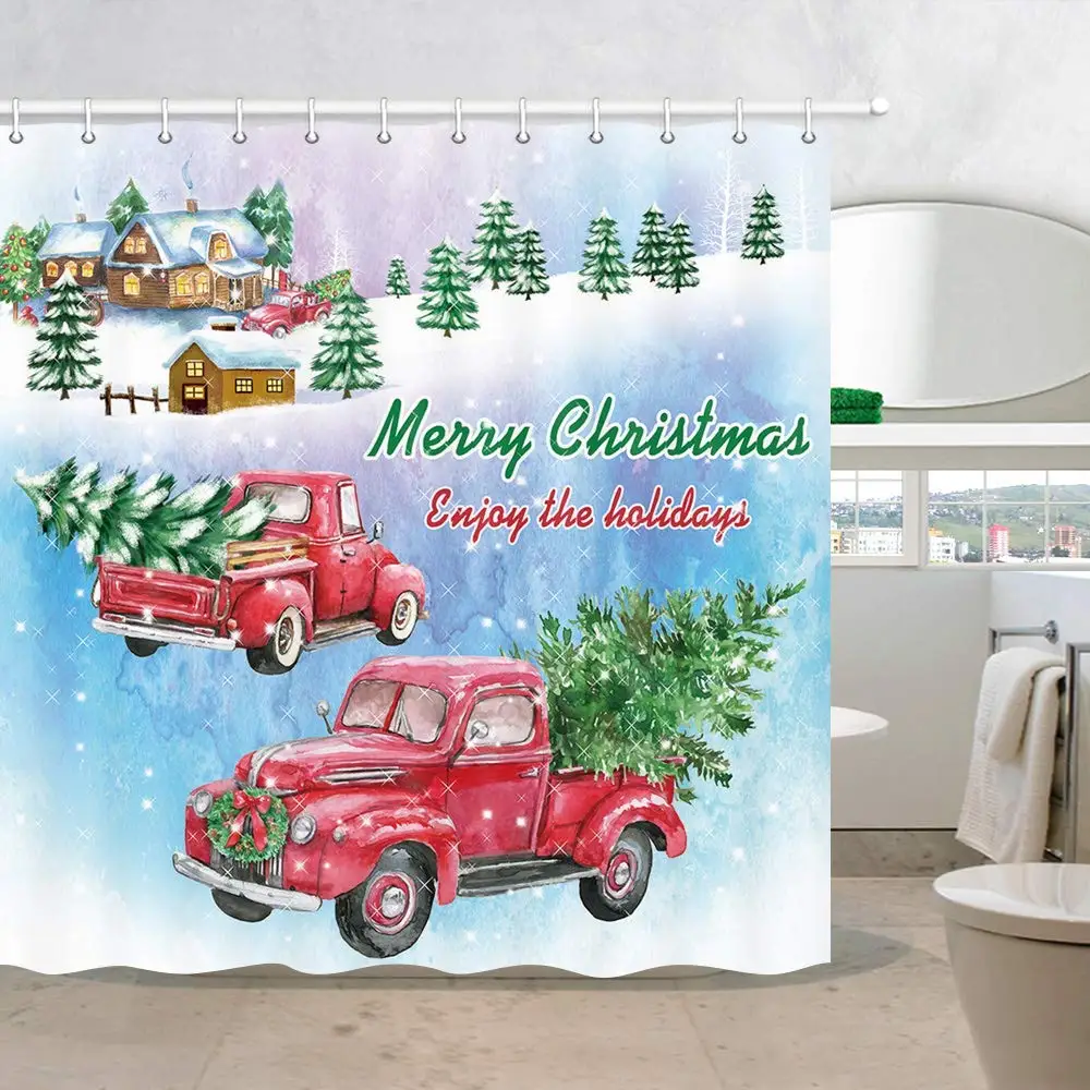 Christmas Xmas Tree Red Retro Truck in Snow with Pine Fir Fabric Bathroom Shower Curtain | Дом и сад