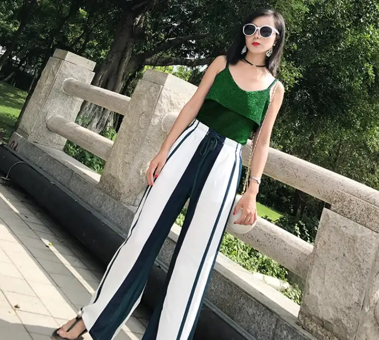 

Spring summer women's casual loose white stripe chiffon pants female high waist wide leg loose pants TB1002