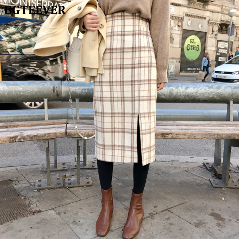 BGTEEVER зимние женские клетчатые шерстяные юбки высокая талия Разрезы спереди