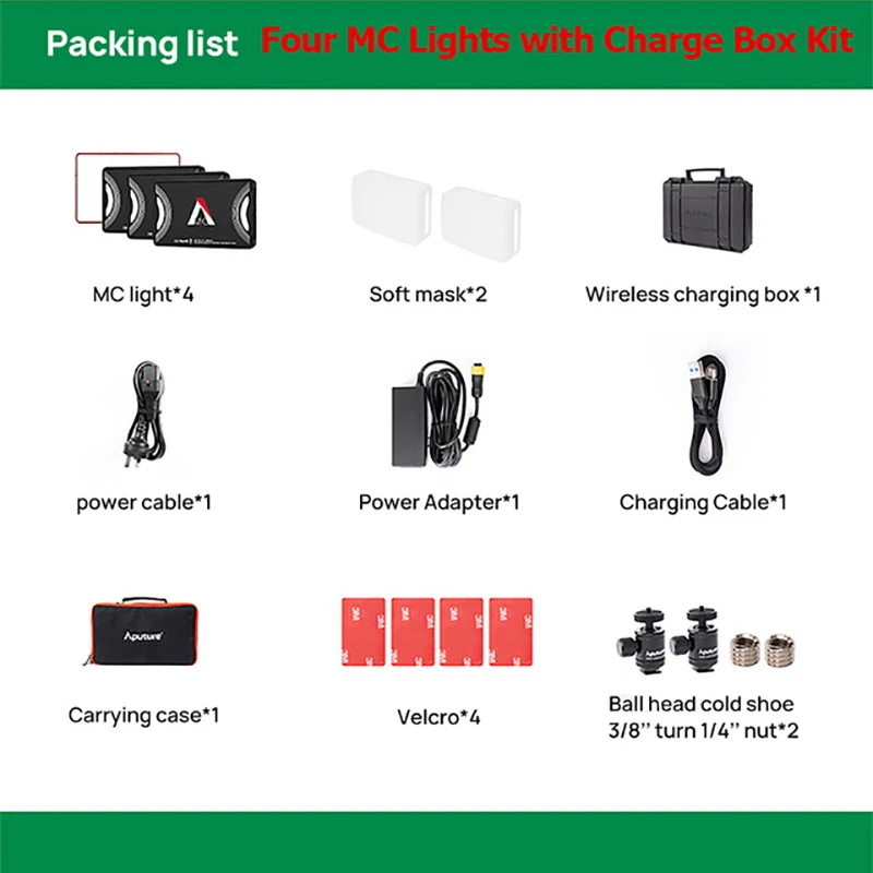 Aputure al MC светодиодный светильник с четырьмя лампами беспроводной зарядный бокс