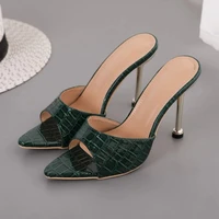 2021 women slippers snake print strappy mule 11cm high heels slippers sandals flip flops pointed toe slides party shoes woman 18