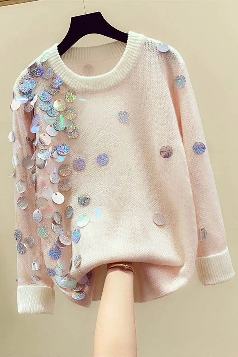 Пуловер женский вязаный с длинными рукавами и блестками осень 2019 | Женская одежда