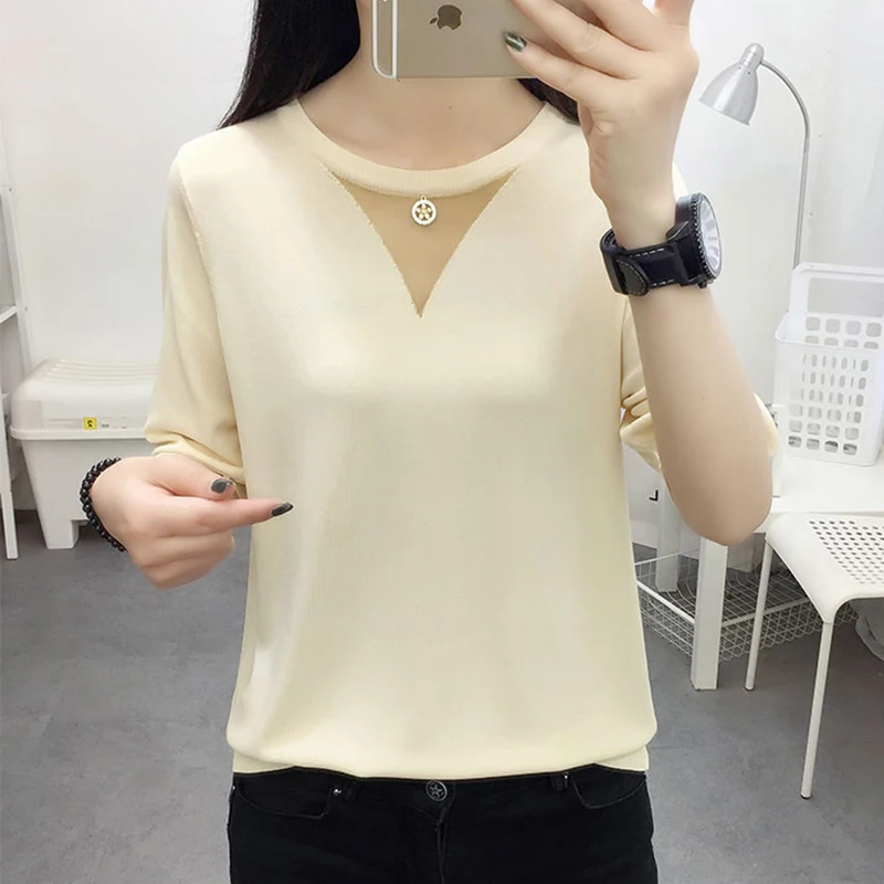 Женский тонкий трикотажный пуловер с коротким рукавом сеткой в стиле пэчворк