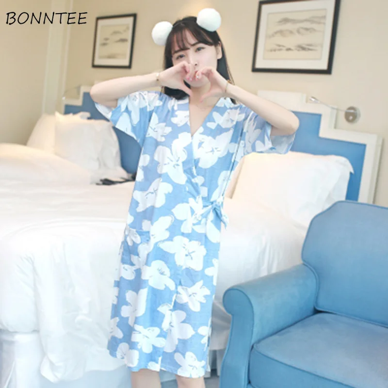 Женский хлопковый банный халат с коротким рукавом и цветочным принтом|Халаты| |