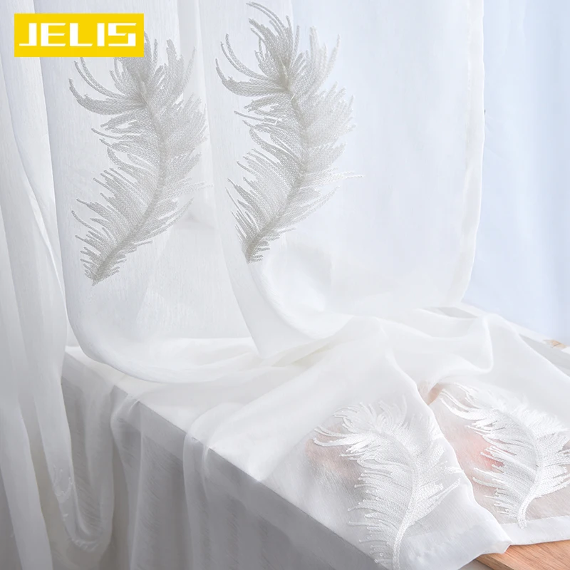 

Luxury White Feather Embroidered Window Tulle Curtains for Living Room Bedroom Modern Blue Sheer Curtains 3D Voile Curtains
