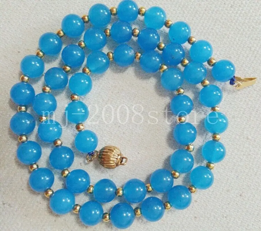 

Long 18" Charming 8mm Light Blue Jade Round Gemstone Beads Necklace AAA