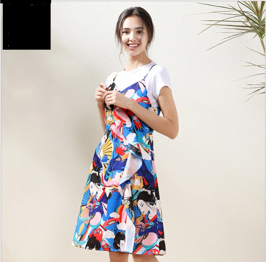 

Female Spring Summer Printed Suits Short-sleeved T-shirt Personalized Printed Suspender Skirts Ladies Long Dress Women Dresses