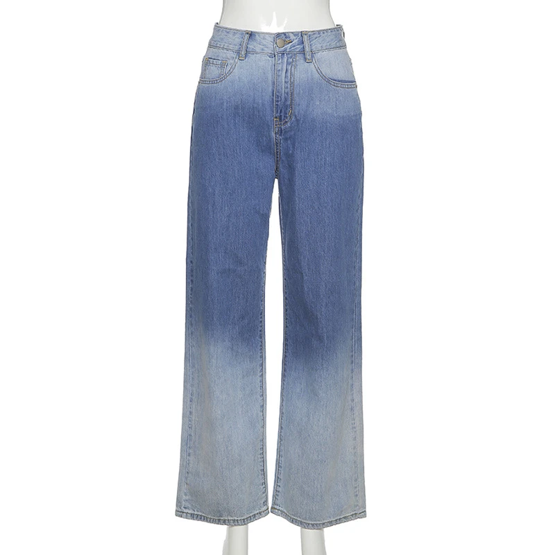 

Women Wide-leg Denim Pants Adults Casual Style High Waist Gradient Jeans Flared Pants Streetwear Ladies Trousers Bell-bottoms