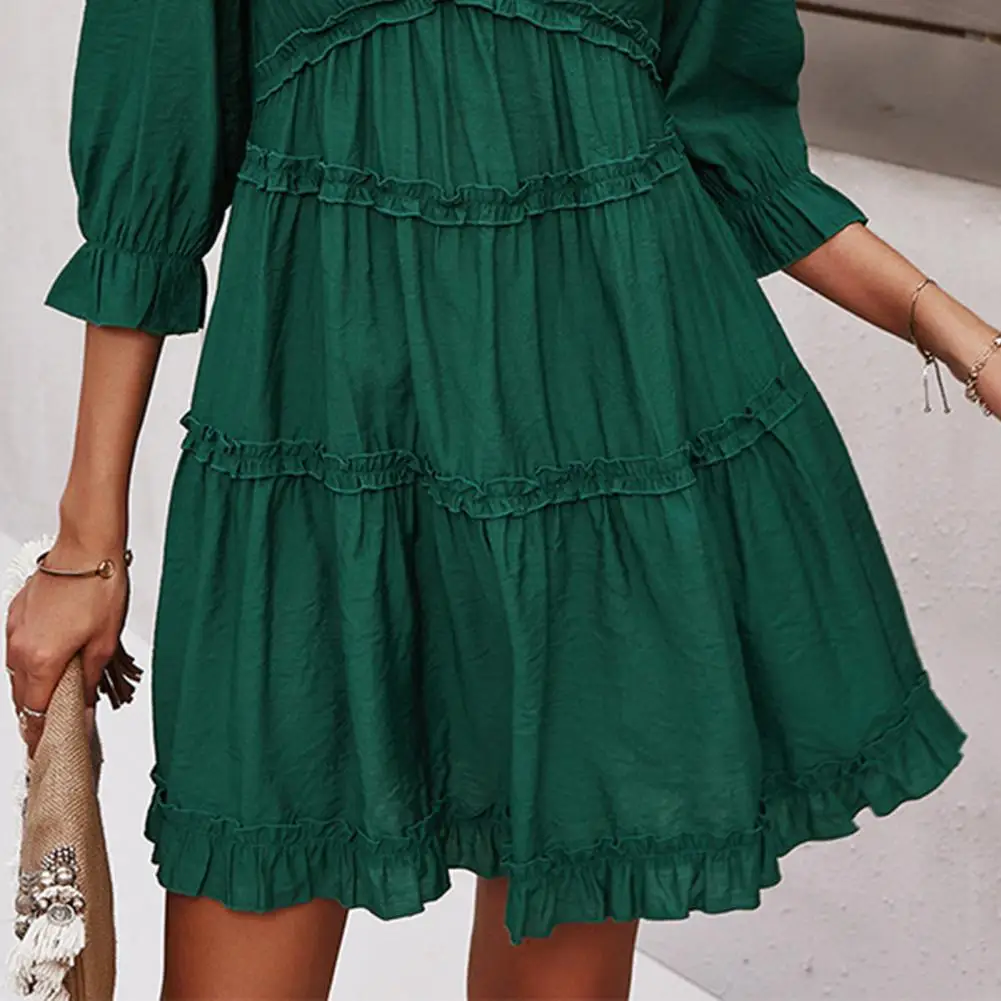 

2021 Mini Dress Women 3/4 Sleeve Large Hem V Neck High Waist Ruffles Sundress for Date