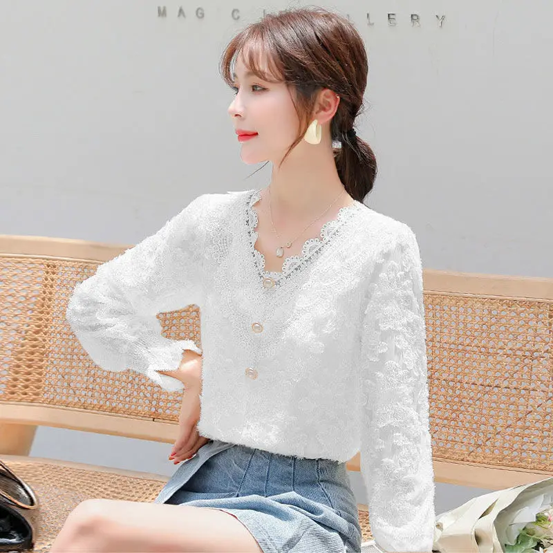 

2021 Autumn Winter Elegant Blouses Lace Tops Chic Women's Blouses Fashion Long Sleeve Woman Shirt V Neck Women Tops Blouse Y41