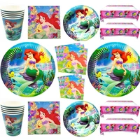 happy birthday party little mermaid theme tablecloth decorations ariel napkins plates cups girls favors table cover 61pcslot