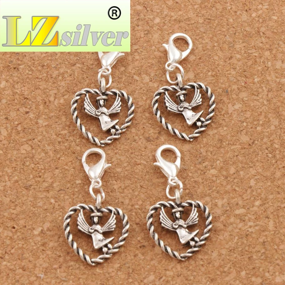 Angel With Wings In Open Heart Lobster Claw Clasp Charm Beads 100PCS Zinc Alloy Jewelry DIY C933 15.9x32mm