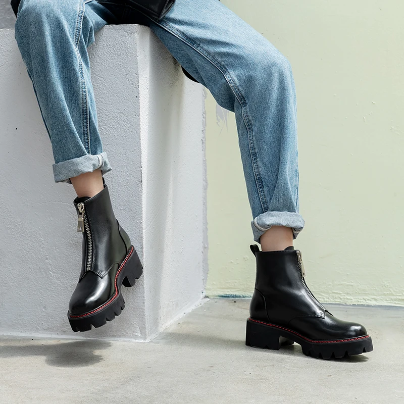Женские ботинки; ботинки из натуральной кожи; черные ботинки Martens; женские ботильоны; мотоботы; зимняя обувь на платформе и толстом каблуке