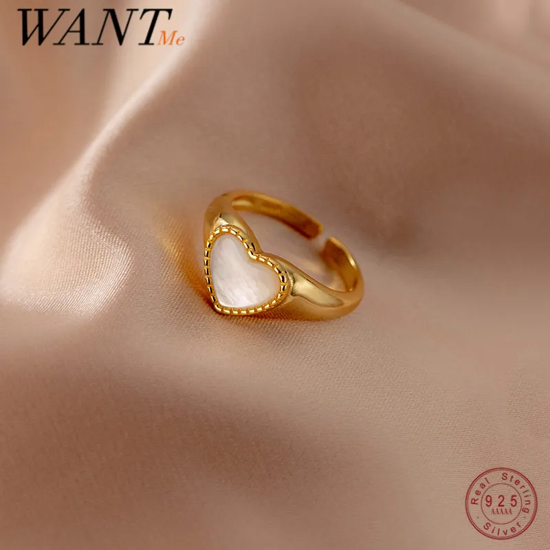 

WANTME 925 Sterling Silver Simple Romantic Love Heart Shell Opening Ring for Women Men Classic Retro European Party Jewelry Gift