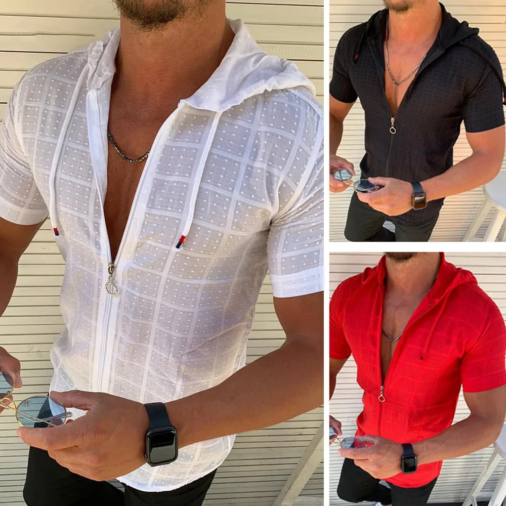 

2021 Men Hooded Grid T-shirt Shirt Summer Casual Zipper Short Shirt Sleeve Formal Dress Shirts Men Hawaii Vacation Jogging Shirt