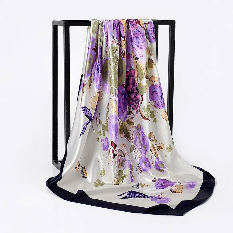 

2021 Fashion Kerchief Silk Satin Neck Scarf For Women Print Hijab Scarfs Female 90X90CM Square Shawls And Wraps Scarves For Lady