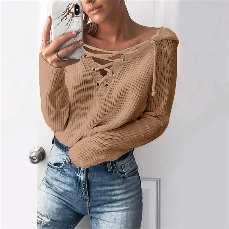Female Lace Up Solid Sweater Women Fashion Winter Baggy Coat Chunky Knitted Oversized Hooded Jumper Swetry Damskie | Женская одежда