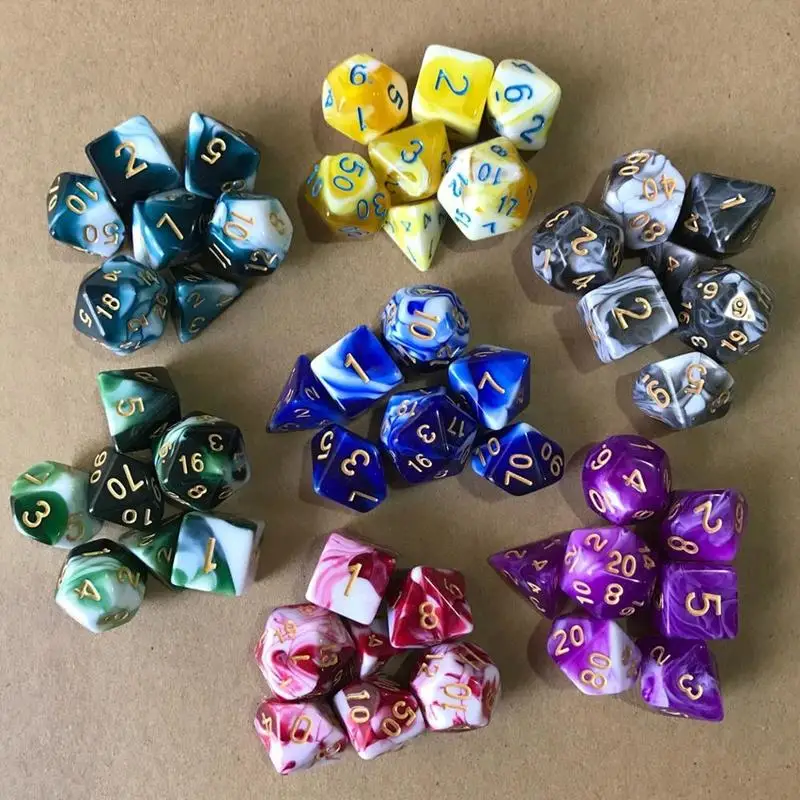 

7pcs/lot Resin Polyhedral Funny Digital Dice Sets RPG DND Table Board Game Dices D4 D6 D8 D10 D% D12 D20 Multifaceted Dice Bag