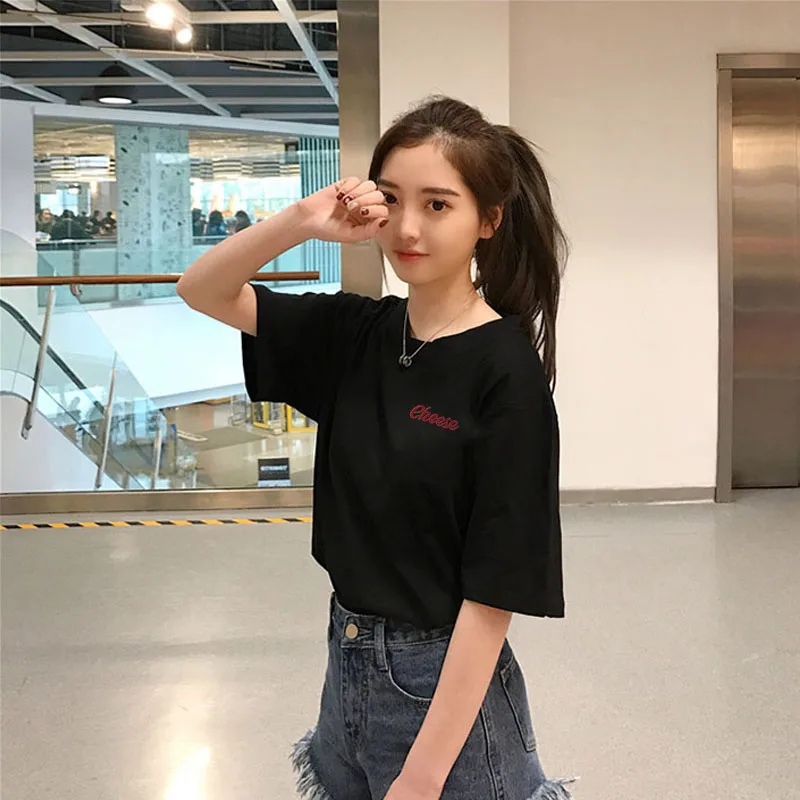 

T-shirt Women Short Sleeve Loose All Match Simple Womens Embroidery High Quality Slim Daily Students TShirt Soft Female Clothing